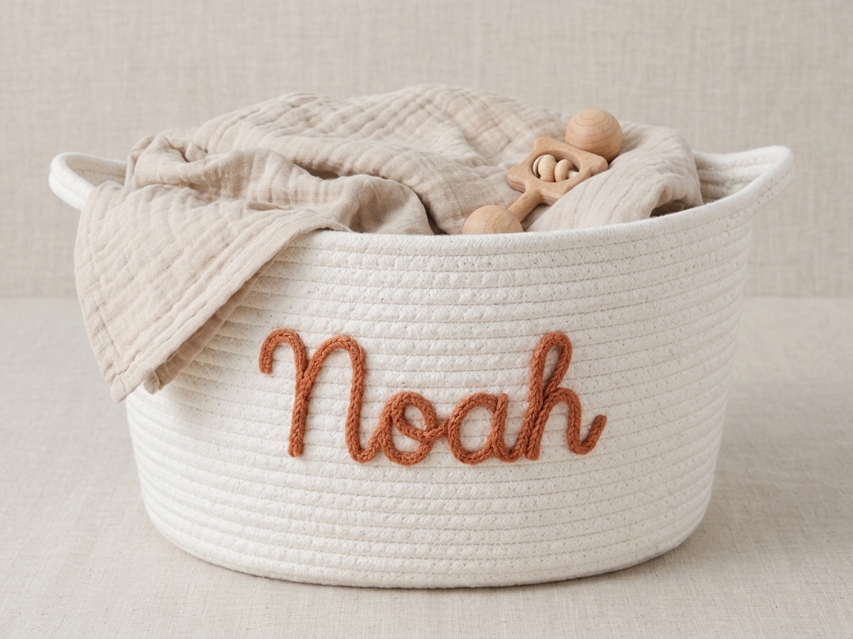 Illustrative cream rope basket with Noah in orange embroidery
